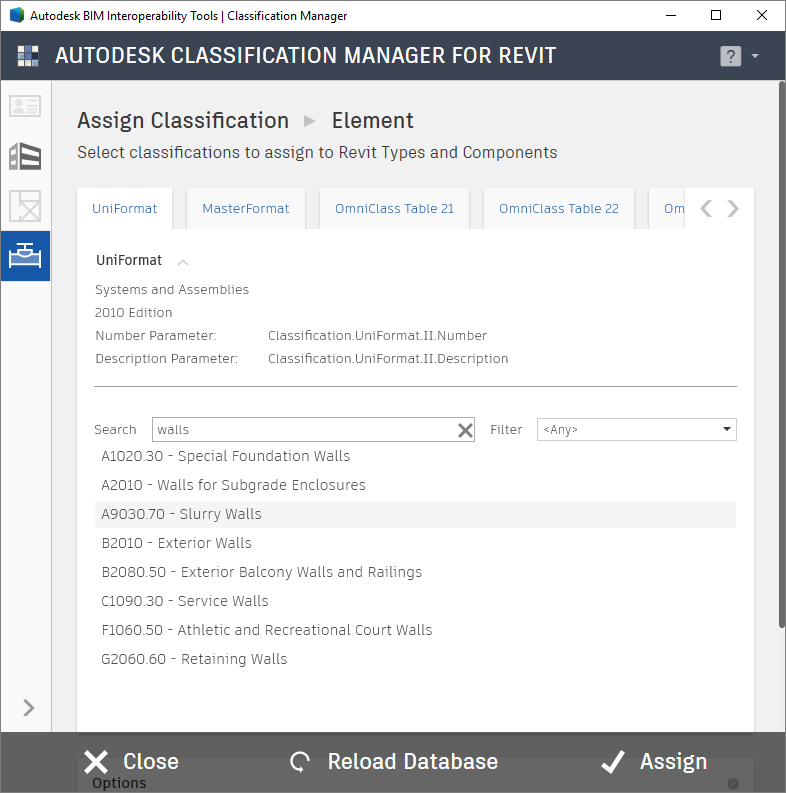 Classification Manager for Revit Assign dialog box