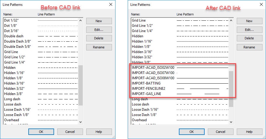 Line patterns dialog - before and after linking CAD
