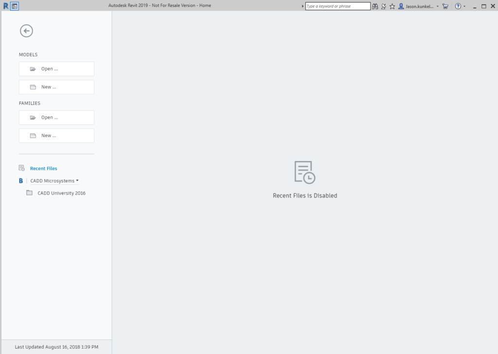 Revit 2019.1 Revit Home Recent Files disabled