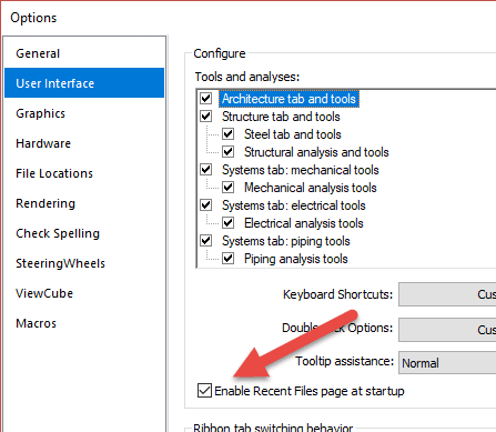 Revit Options Recent Files checkbox