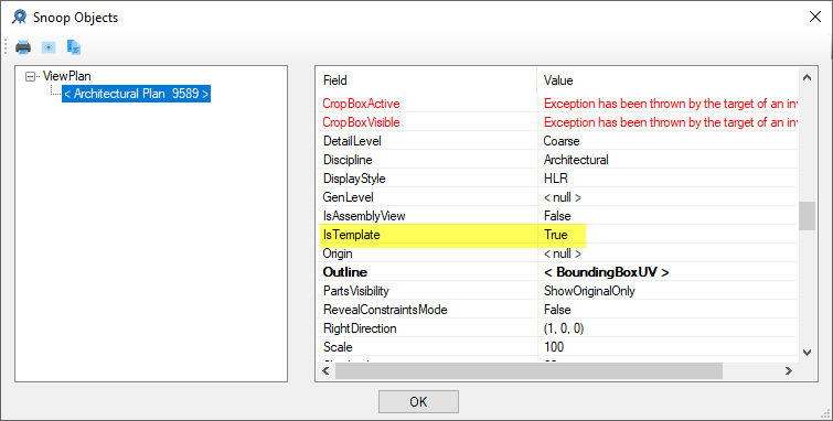 Revit lookup dialog for view template highlighting IsTemplate set to True