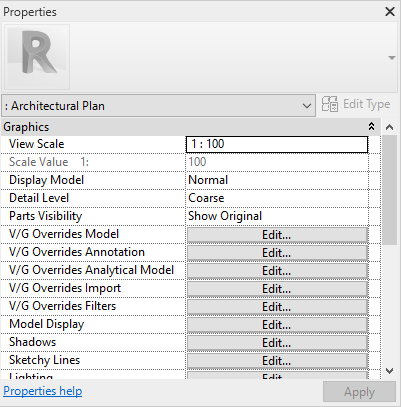 Selected view template properties dialog