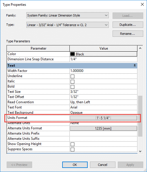 Dims type properties window