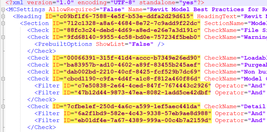 Text editor view of Model Checker checkset XML with new IDs highlighted