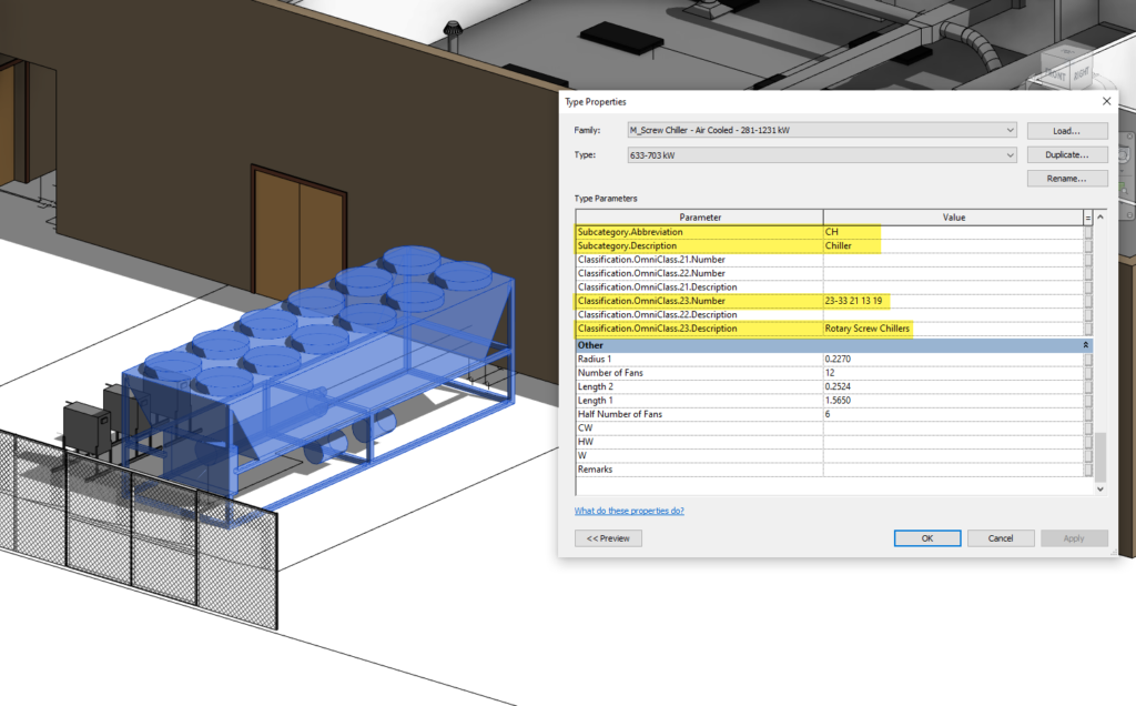 Chiller element Type Properties dialog with values filled in