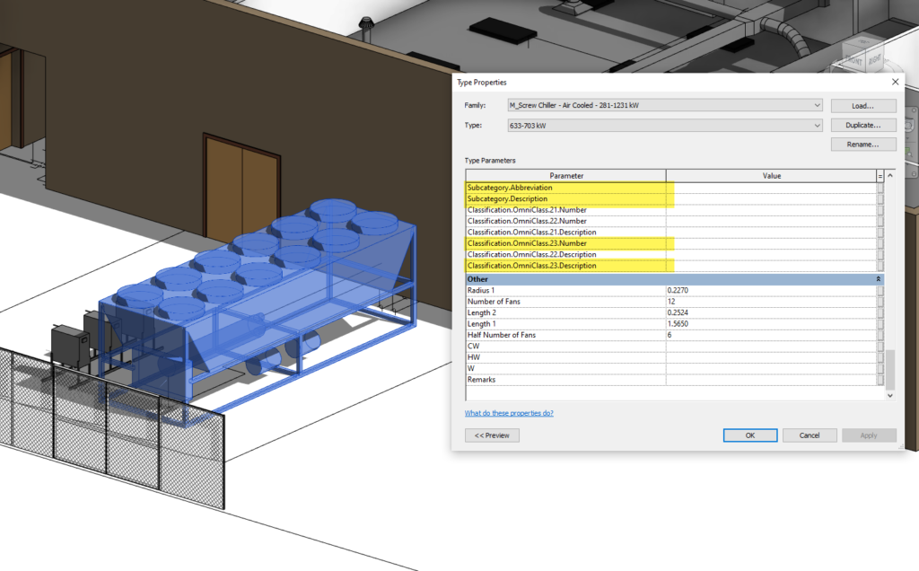 Chiller element Type Properties dialog with values empty