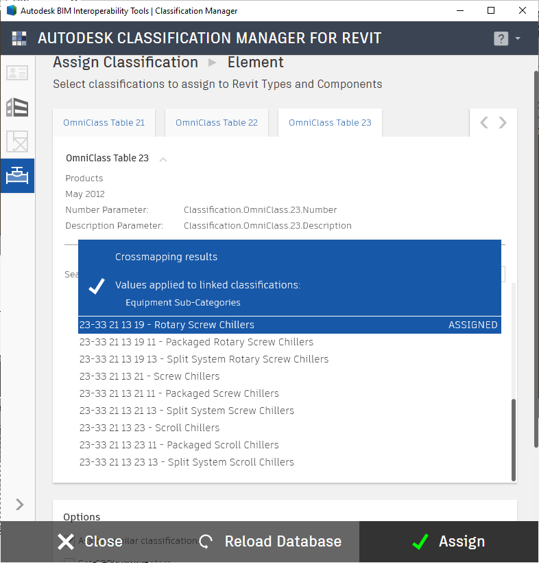 Classification Manager Assign Element dialog box