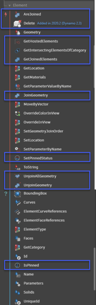 Screen shot of Dynamo Revit Element nodes. Highlighting new nodes. 