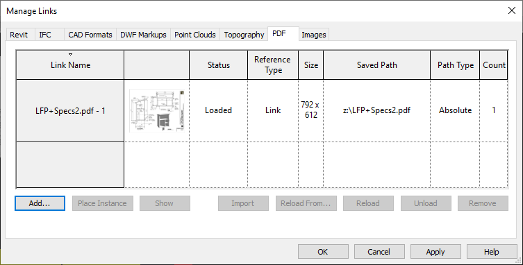 Screen shot of Revit 2021 Manage Link dialog showing a linked PDF