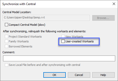 Synchronize with Central Dialog with User-Create Worksets Highlighted.